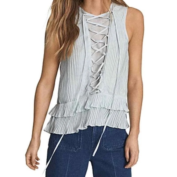 REISS Florrie Eyelet Detailed Sleeveless Blouse ruffled high low pleated tie - Picture 2 of 10